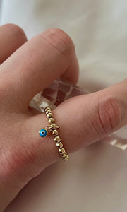 Gold Beaded Ring - Blue Evil Eye Charm